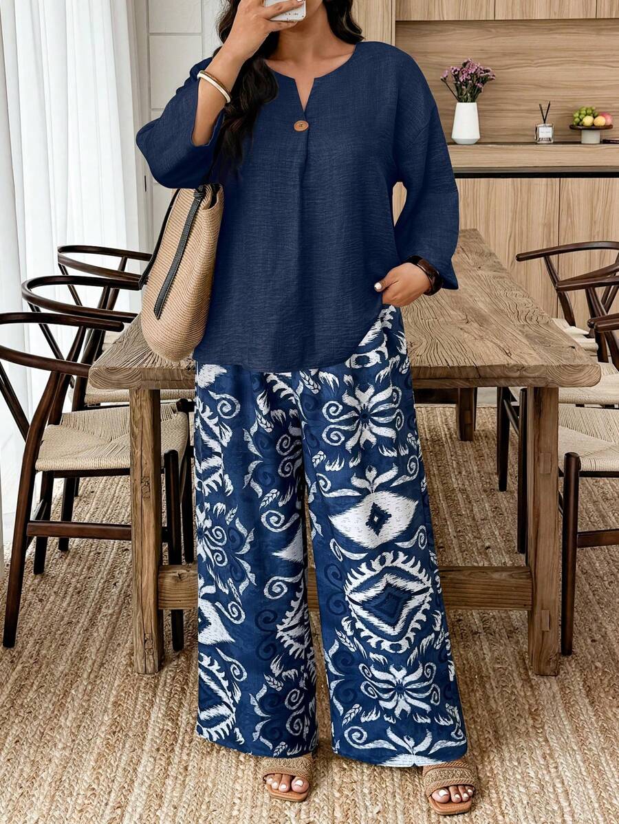 Weeklong 2件套大码女式休闲纯色长袖衬衫和花卉印花宽松裤套装 - 藏蓝色 - 查看 1
