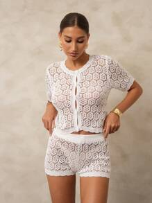 Swim Chiccia 2pcs/Set Summer Beachside Hollow Out Short Sleeve Cardigan & Shorts Set, Fashionable Round Neck, Lightweight - White - View 3