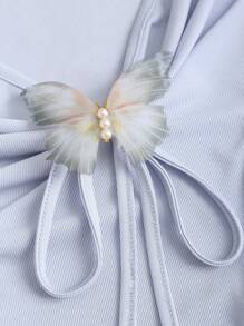 Sweetra 女士新款纯色法式荷叶边领蝴蝶结短袖T恤，夏季不规则紫蓝色不对称性感上衣 - 紫色 - 查看 5