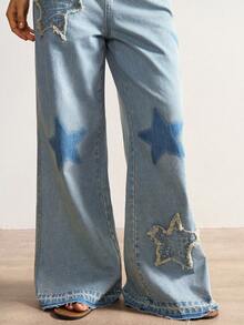 Bohemela 梭织纯色五角星图案阔腿做旧洗水牛仔裤 - 藍色 - 查看 5