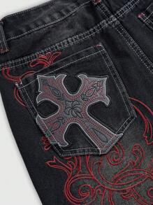 ROMWE Grunge Punk Shorts en jean décontractés pour femmes avec poche en patchwork à broderie croisée - Noir - Voir 3