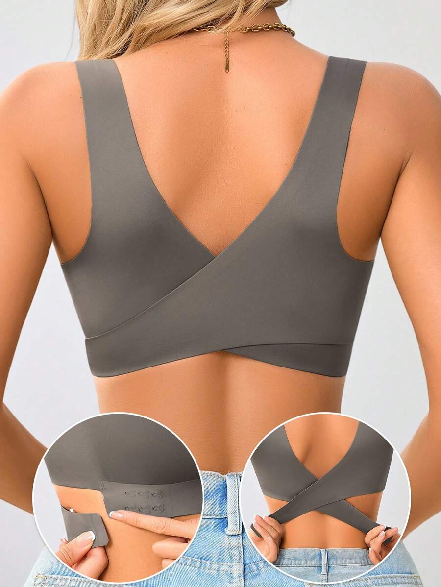 1pc Women Seamless No Padding Elegant Breathable Comfortable Crisscross Back Bandeau Bra - Grey - View 1