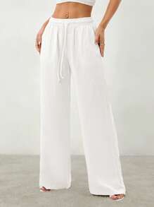 SHEIN PETITE Women's Tie-Front Trousers With Pockets,Cargo Pants