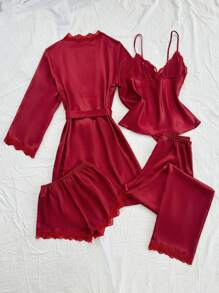 SilkySpell Conjunto de pijama de 4 piezas con top de camisola de satén con parches de encaje, pantalones cortos, pantalones y bata con cinturón, ropa de otoño e invierno