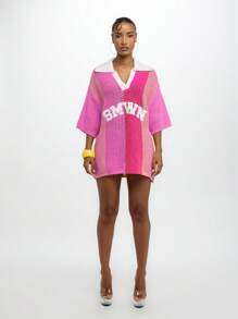 SUMWON WOMEN Crochet Oversized Polo Collar Pullover Mesh Knit Beach Top Summer Vacation Resort Holiday Casual Wear,Tops For School