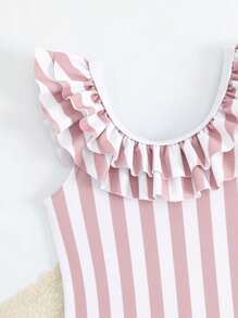 Baby Girl Cute Striped Print Ruffled One-Piece Swimsuit - Pink - View 4
