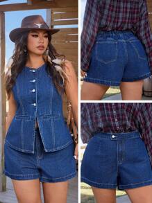 EMERY ROSE Plus Size Women Casual Minimalist Denim Shorts, No Jacket - Blue - View 1