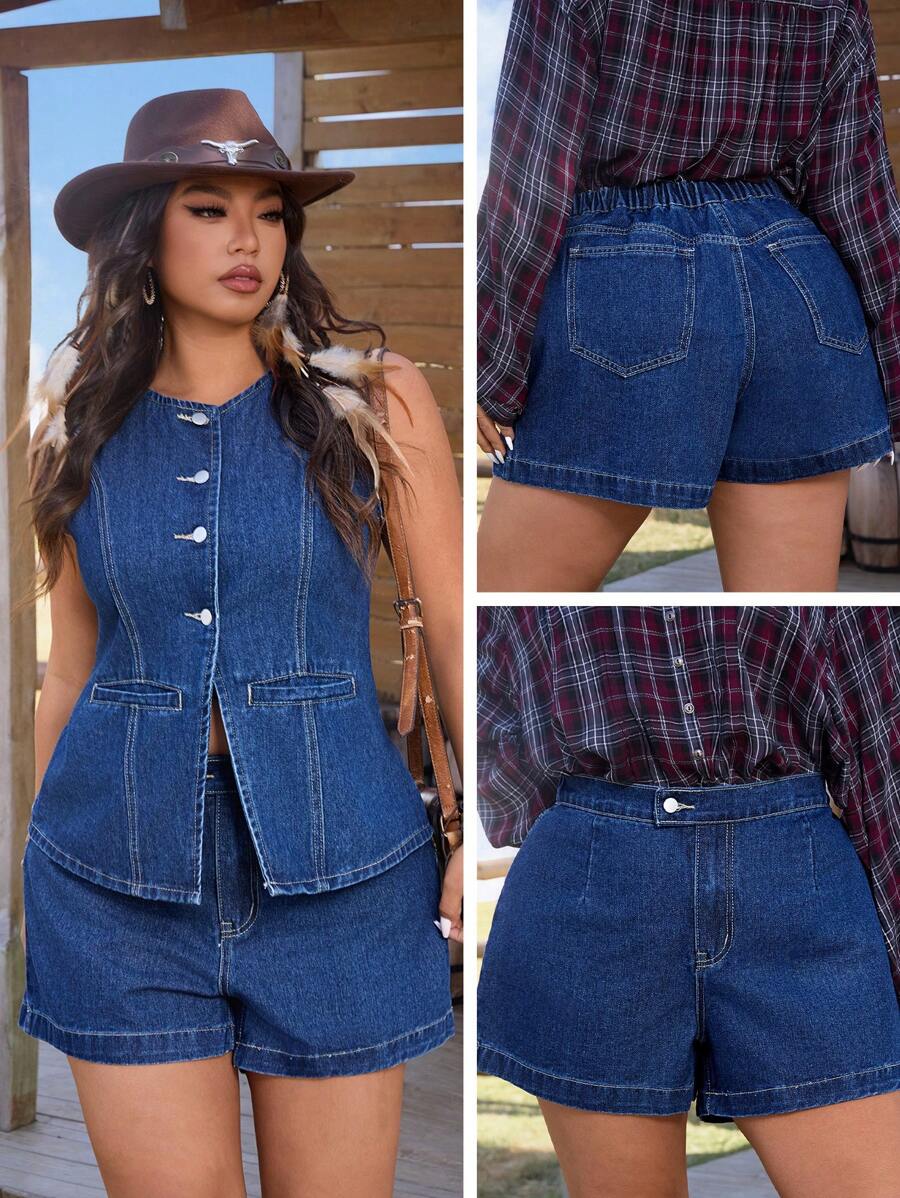 EMERY ROSE Plus Size Women Casual Minimalist Denim Shorts, No Jacket - Blue - View 1