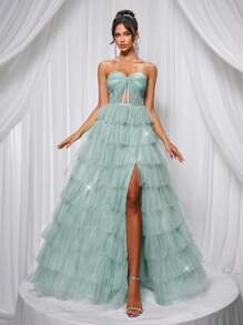 Glamrae Đầm Maxi hở lưng có thể điều chỉnh, dáng chữ A rộng rãi, viền tua rua màu xanh lá cây sáng bóng, lưới ombre màu xám thanh lịch, eo trong suốt, xẻ tà, phù hợp cho các buổi hẹn hò, kỳ nghỉ, đám cưới, sự kiện trang trọng - Cỏ xanh - Xem 6