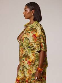 MUSERA Plus Size Button Up Printed Linen Look Short Sleeve Shirt Swim, Holiday, Vacation, Summer, Beach, Sexy, Cute