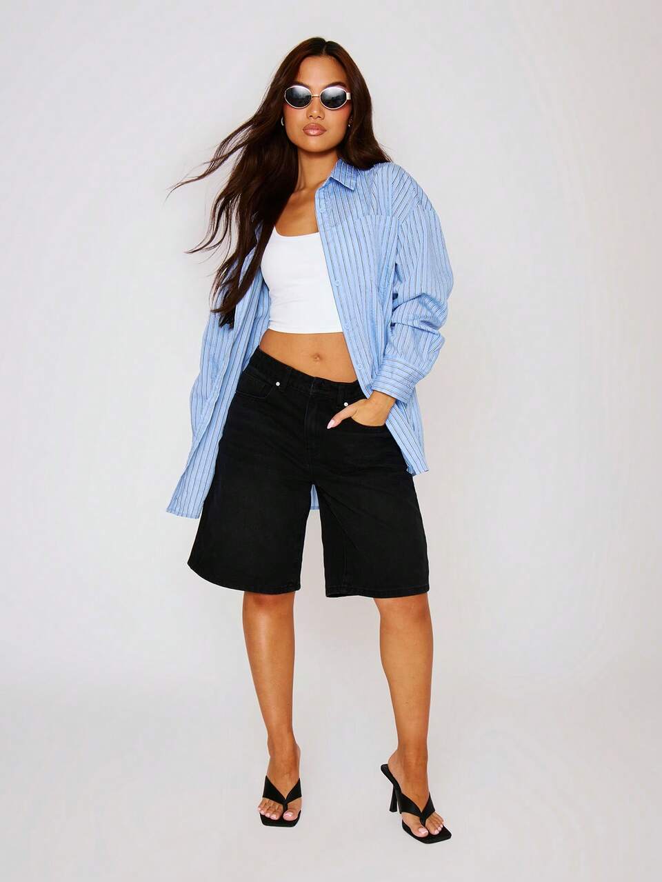 Pinstripe Oversized Button Up Long Sleeve Shirt Cropped Long Sleeve Button Up Stripe Shirt Spring, Summer Casual, Cute Beach Holiday