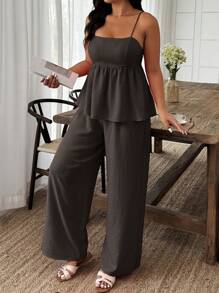Weeklong 2pcs Plus Size Women Summer Solid Ruffle Hem Camisole And Pants Set
