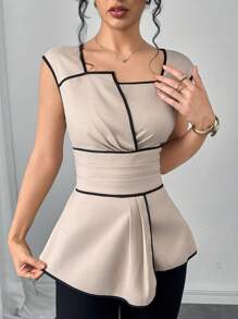 SHEIN Clasi Women's Contrast Color Trim Square Collar Waist Fitted Elegant Blouse, Summer   Business Casual Woman  Work Clothes Women  Office Outfits For Women    Business Casual  Business Women Attire   Professional Women Clothes   Graduation Dress  Woman  Clothes   Teacher Clothes   Airport Summer Honeymoon Woman For Women Boho