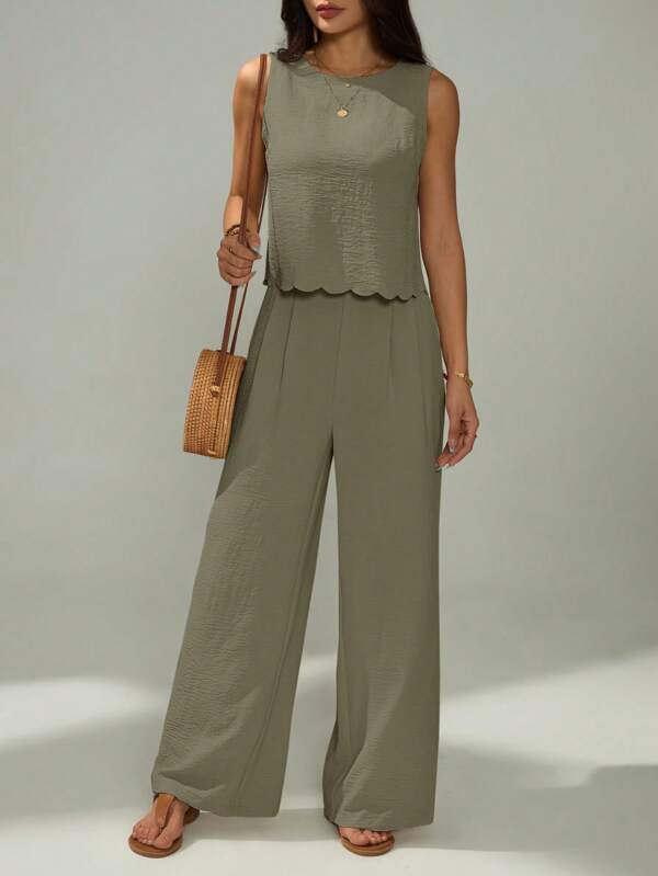 SHEIN PETITE 2pcs Women Summer Round Neck Hem Arch Sleeveless Top And Pants Set