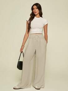 SHEIN Tall Pantalones de pierna ancha con cordón de unicolor casual para mujer primavera/verano, ropa de mujer otoño, mujeres altas - Albaricoque - Ver 5