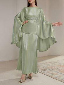 Veilorie 两件套优雅女士纯色蝙蝠袖上衣和裙子套装 - 綠色 - 查看 3