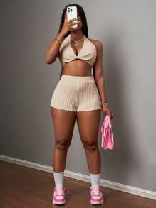 Slaydiva 2pcs Summer New Arrival Women Casual Sexy Solid Fuchsia Backless Halter V-Neck Sleeveless Top And Shorts Set