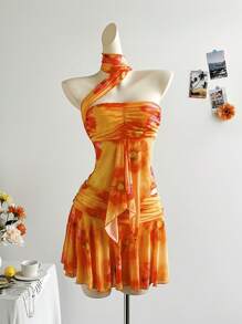 Soleia 女士夏季度假装 - 露背扎染花卉印花上衣，荷叶边下摆和腰带，搭配迷你裙，适合派对、约会、下午茶、海滩、波西米亚风度假 - 彩色 - 查看 6