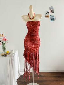 Soleia 女士休闲度假复古风格全花卉印花荷叶边露背长裙，适合节日约会、下午茶、派对、度假、音乐节、海滩和游轮