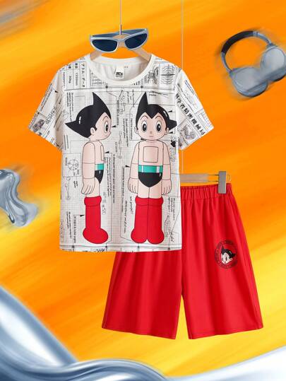 Astro Boy X SHEIN 青少年男孩卡通机器人印花白色休闲百搭短袖 T 恤和红色宽松短裤睡衣套装