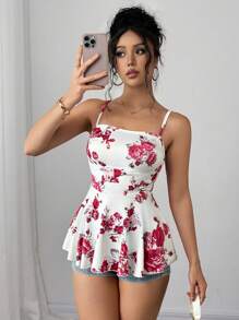 Elenzga Floral Print Ruffle Cinched Waist Camisole - Red - View 5