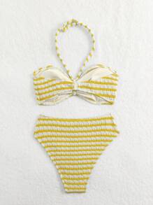 SHEIN Teen Girl Black And White Knitted Texture,Summer Beach Striped Halter Bikini Set,Summer Vacation, Holidays - Yellow - View 2