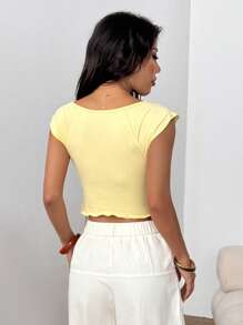 SHEIN EZwear Solid Ruched Split Hem Crop Tee For Summer - Yellow - View 2