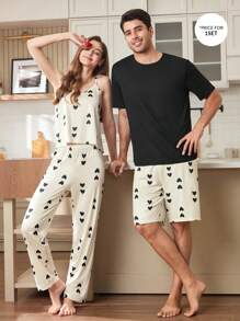 男士针织印花休闲短袖上衣和短裤睡衣套装，男友礼物 - 彩色 - 查看 1