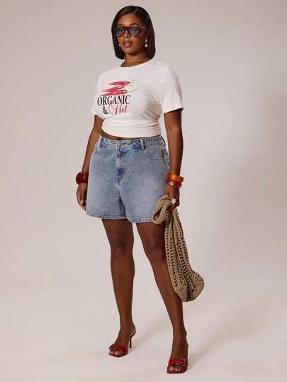 MUSERA Plus Size Longline Washed Denim Shorts Streetstyle , Holiday, Vacation, Summer, Beach, Sexy, Cute Back To School Streetwear