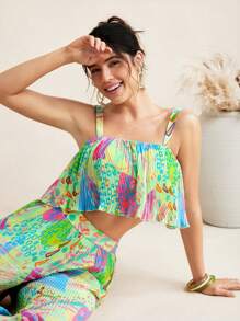 Sire Leo Lamar Chiffon Pastel Doodle Print Micro-Pleated Cami With Wide Straps Crop Top