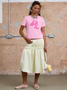 COUREZ Áo thun ngắn tay cho bé gái với họa tiết hoa / Áo mùa hè cho nữ, chất liệu cotton Y3K, kiểu vintage Y2K. - Hồng - Xem 2