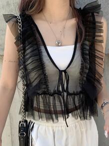 FRIFUL 女式网眼盖袖透明覆层上衣，夏季演唱会服装可爱上衣 - 黑色 - 查看 4