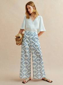 Écloséra Pantalones anchos y sueltos de algodón de estilo casual para mujer con estampado todo en uno de bordado de Madeira, ideal para el verano - Azul - Ver 6