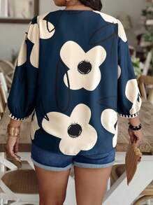 EMERY ROSE Plus Size Women's Casual V-Neck Lantern Sleeve Contrast Color Printed Blouse, Summer Fall - Multicolor - View 2