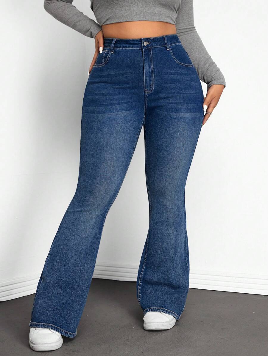 SHEIN ICON Plus Size Women Casual Flare Jeans With Pockets, Versatile,Fall Clothes For Women
