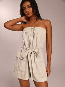 Forever 21 Women's Solid Color Front-Tie Tube Top Romper With Pockets, Summer - Khaki - View 3