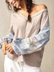 Bohemela Áo thun dài tay thường ngày cổ chữ V màu tương phản cỡ lớn, ren, mùa hè - Nhiều màu - Xem 3