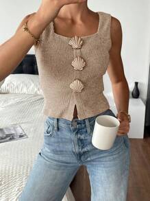 Siren Gaze Women Square Neck Sleeveless Shell Embellished Ribbed Summer Tank Top Casual - Apricot - View 6