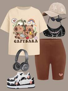 SHEIN 2 Stücke Set für Tween Mädchen mit süßem Capybara Muster, lockeres Kurzarm-T-Shirt und Shorts, Pastellfarbe, lässig und schlicht, geeignet für den Sommer