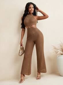 Israel Jasso Knitted Halter Neckline Cut Out Backless Wiede Leg Jumpsuit Beach Outfit Vacation Holiday Women - Brown - View 5