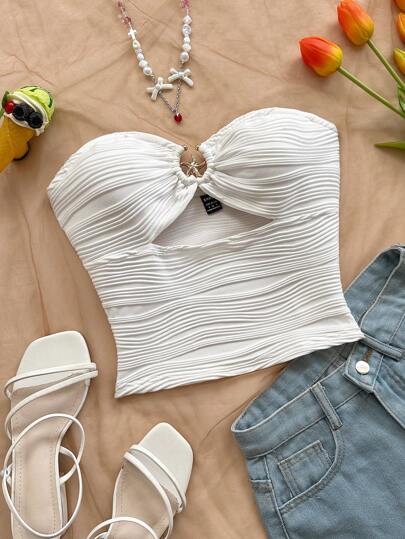 Soleia 女士度假针织上衣，波浪纹理，金属海星装饰，抹胸领口，休闲，约会，下午茶，海滩度假，城市度假，音乐节，派对，波西米亚风格