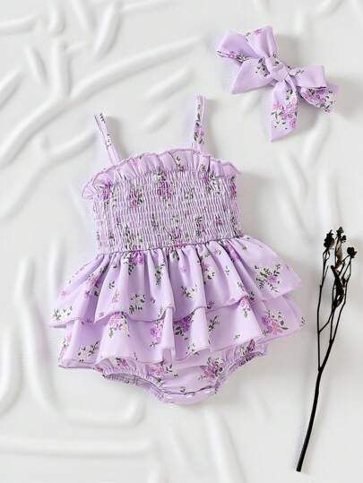 SHEIN Vintaside Kids رومبير أطفال فتيات صيفية قطعة واحدة مع حمالات رفيعة وحافة متدلية، مناسب للارتداء اليومي والخروج