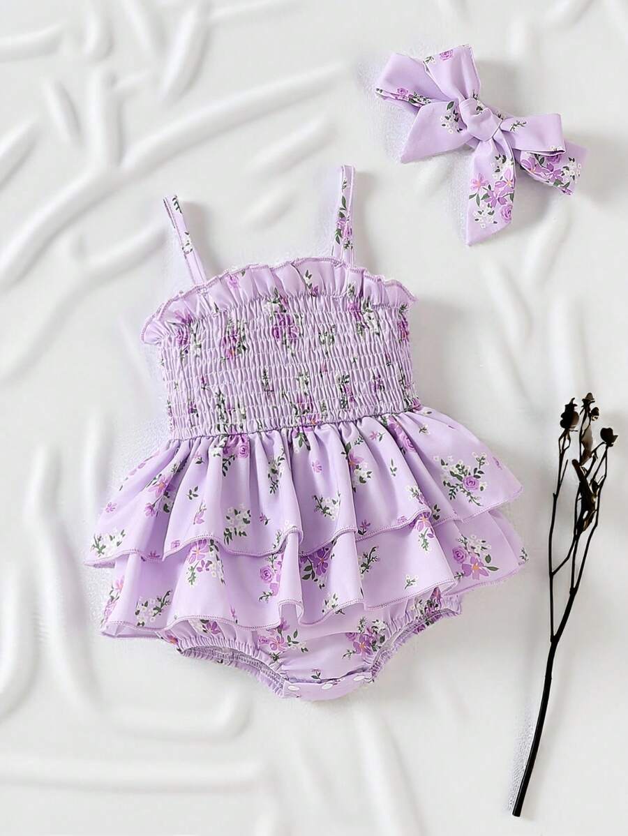 SHEIN Vintaside Kids Baby Girl Summer Spaghetti Strap Ruffled Hem One-Piece Romper Bodysuit, Cute Enough For Everyday Outdoor