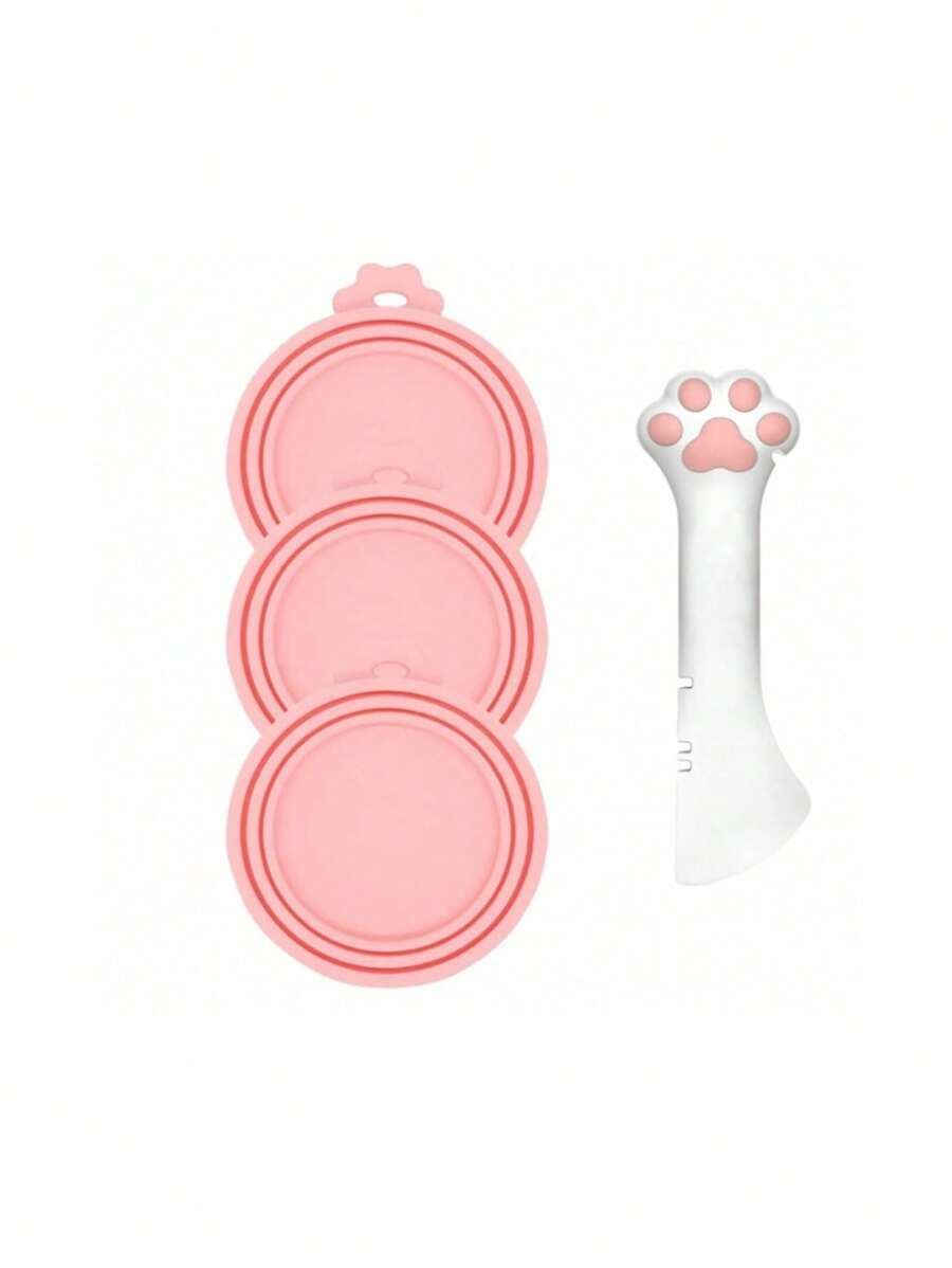 3 różowe pokrywki na karmę dla zwierząt i 1 łyżka do konserwowania, otwieracz do puszek w kształcie łapy, uniwersalna silikonowa łyżka do konserwowania i pokrywka do konserwowania psów i kotów