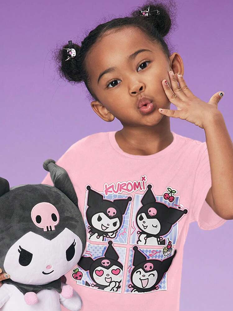 HELLO KITTY AND FRIENDS | SHEIN 年轻女孩黑色卡通印花休闲百搭针织短袖T恤 - 粉色 - 查看 4