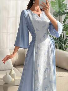 SHEIN Najma 女士优雅阿拉伯风格蝴蝶提花面料收腰系带连衣裙，适合春夏季 - 藍色 - 查看 1