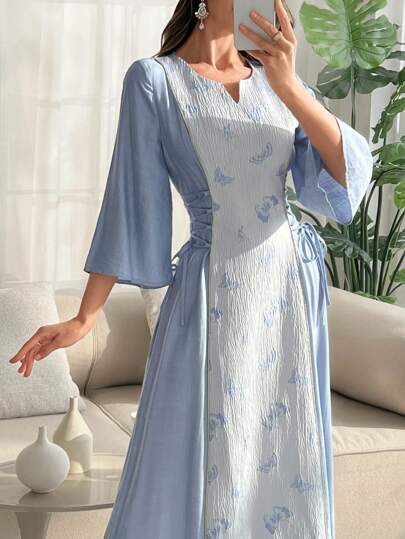 SHEIN Najma 女士优雅阿拉伯风格蝴蝶提花面料收腰系带连衣裙，适合春夏季