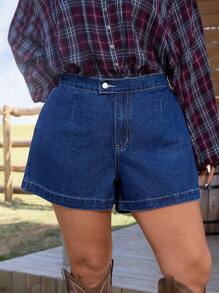 EMERY ROSE Plus Size Women Casual Minimalist Denim Shorts, No Jacket - Blue - View 3