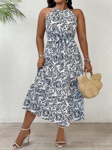 Breezaya Große Größen Urlaubs-Lässig Kleid mit Ganzdruckmuster und Trägerkragen