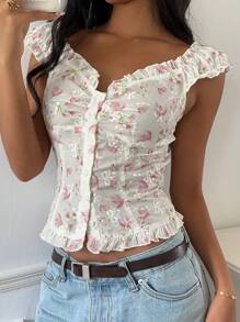 CovetEZ 女式休闲碎花荷叶边单排扣衬衫 - 彩色 - 查看 4